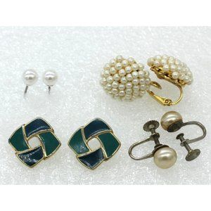 AVON, TRIFARI, JAPAN 4 pairs earring lot vintage -now pearls, enamel, blue white